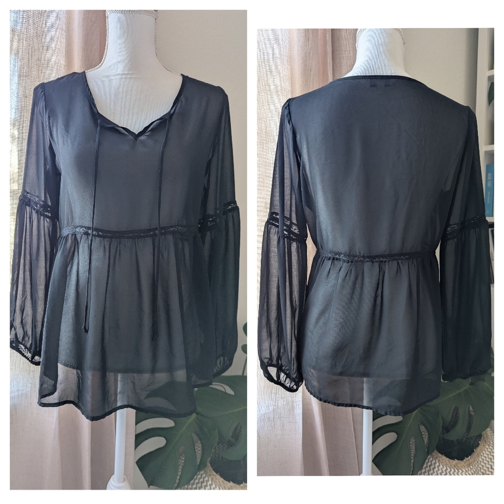 Charming Charlie Black Sheer Boho Long Sleeves Blouse Small